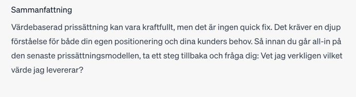 Svar från ChatGPT på en prompt om värdebaserad prissättning.