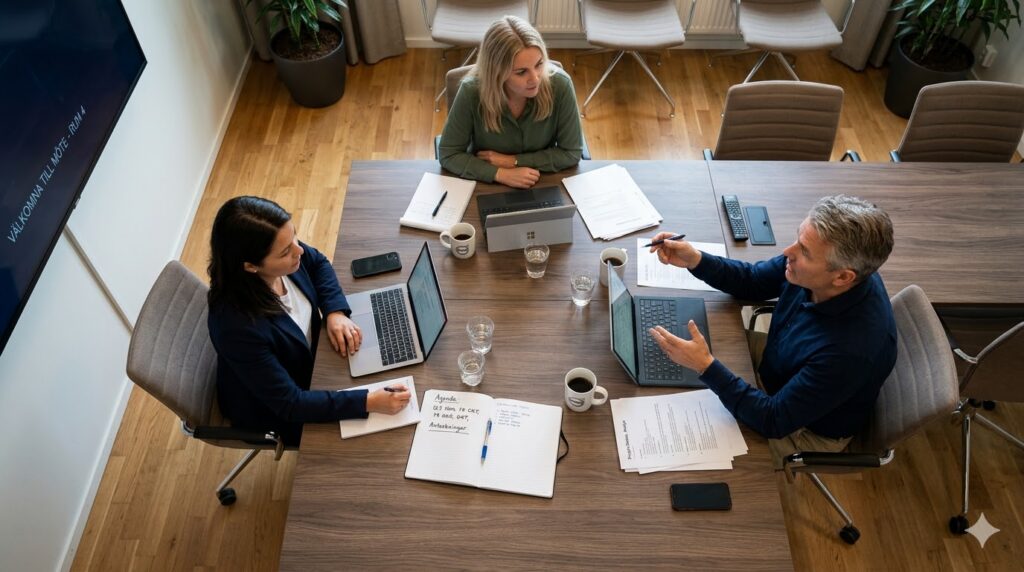 tre medarbetare som diskuterar shortlist av b2b-leverantörer