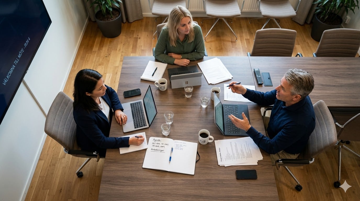 tre medarbetare som diskuterar shortlist av b2b-leverantörer