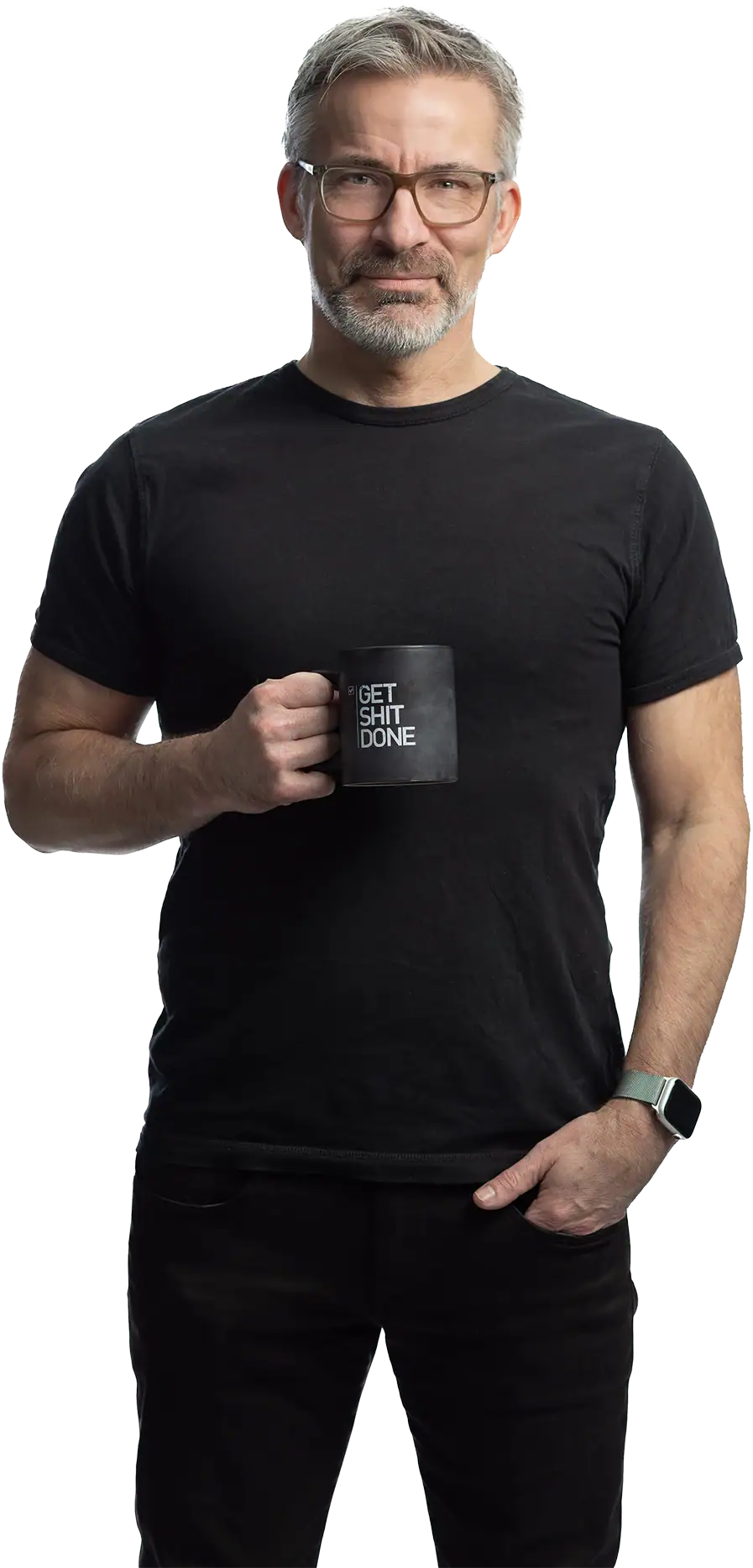 Thomas Norden med en mugg med texten Get Shit Done